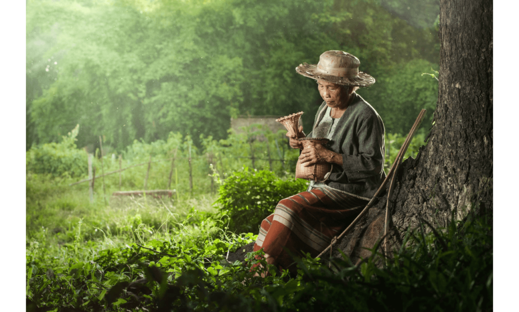 Asian grandmother fisherman with the net