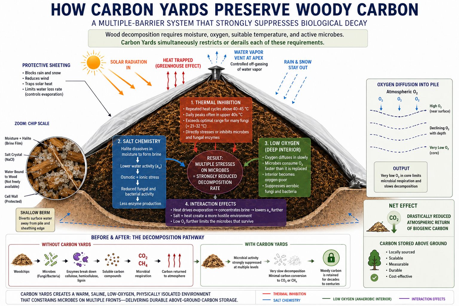Diagram showing the multiple physical, chemical, and biological mechanisms that suppress decomposition inside a Carbon Yard stockpile