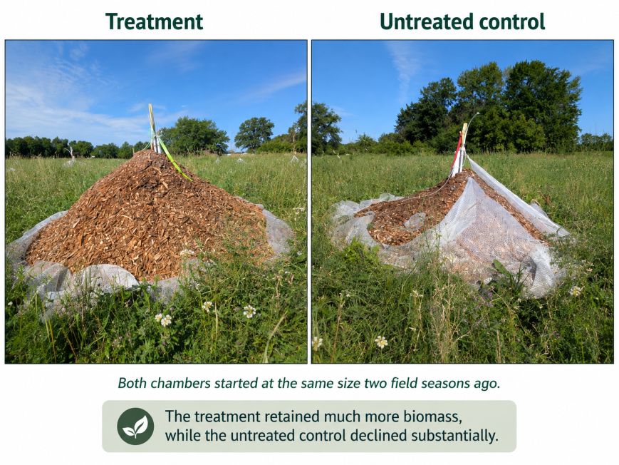 Side-by-side field photograph showing a treated Carbon Yard chamber retaining substantially more biomass than an untreated control after two field seasons